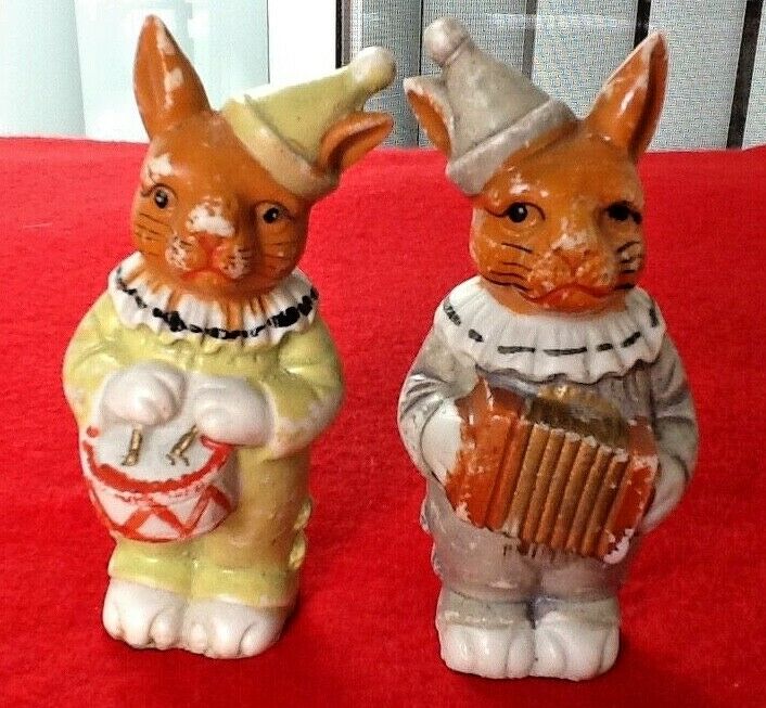 Antique Vintage Japan Bisque Rabbits Dressed Playing Drum & Accordion