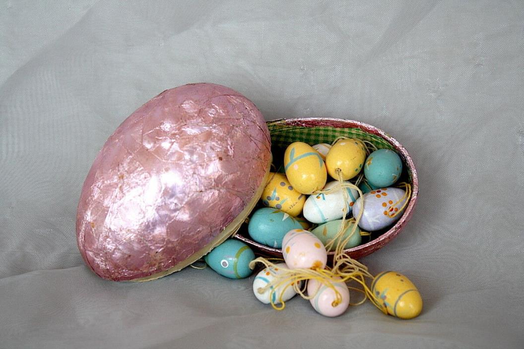 VINTAGE Foil Easter Egg Candy Box with Wooden Easter Eggs Ornaments