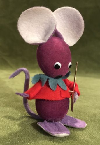 Vtg 50s-Shy-Flocked Felt-Purple Baby Mouse-Xmas-Easter-Anthropomorphic Ornament