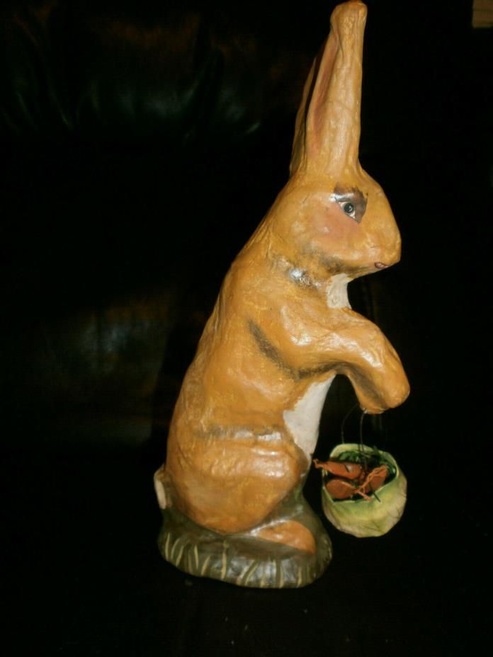 VINTAGE? PAPER MACHE Easter BUNNY RABBIT 10” Tall Basket painted carrots faces