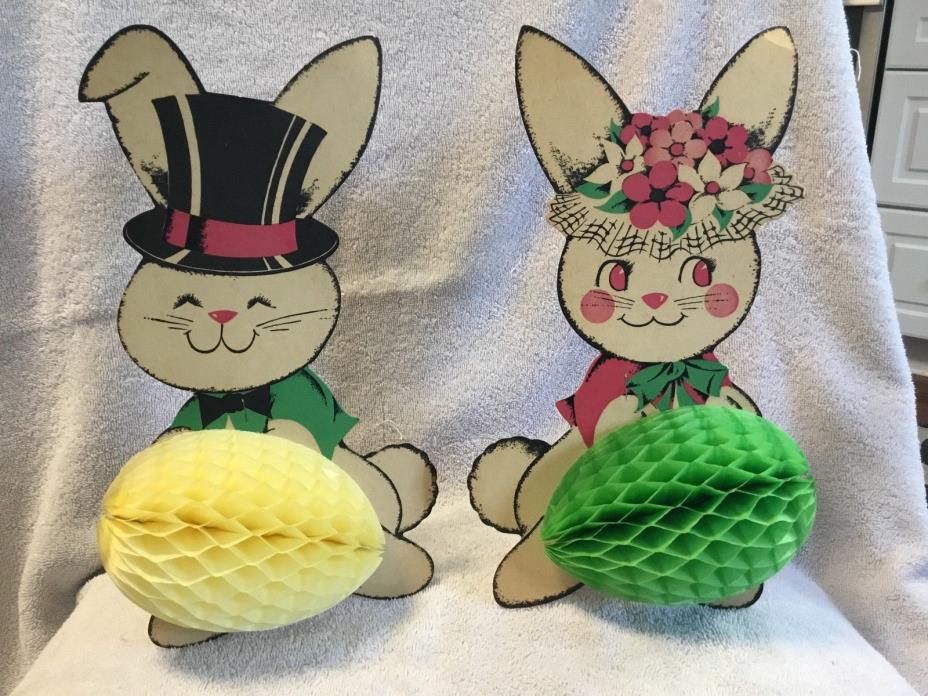 2 Vintage Rabbit Bunny Honeycomb Tissue Die Cut Easter Decorations