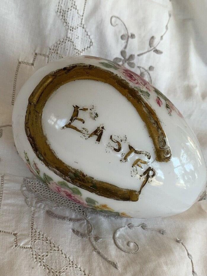Antique Victorian Hand Blown Milk Glass Handpainted Easter Egg Horseshoe/Roses