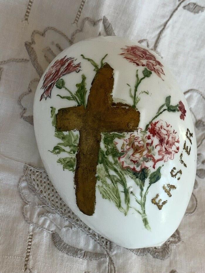 Victorian Hand Blown Milk Glass Handpainted Easter Egg, Cross, Roses 