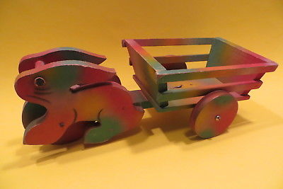 Vtg Wood Easter Bunny Rabbit Cart Pull Toy