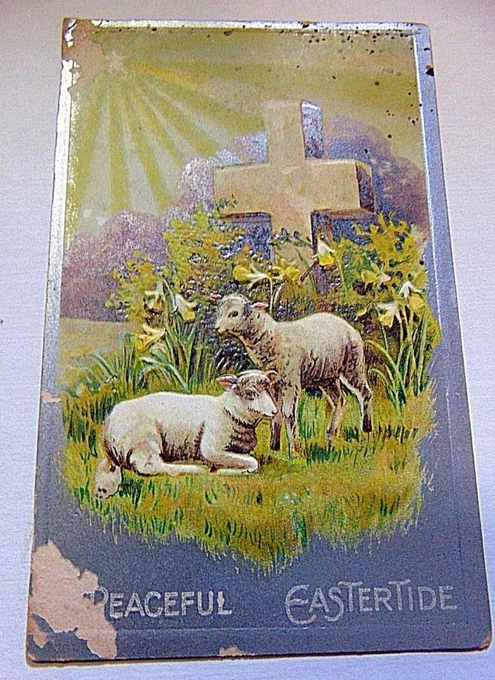 VICTORIAN EASTER CROSS LAMB DIECUT CARD GREETING 1910 PAPER CRAFT CHRISTIAN HOME