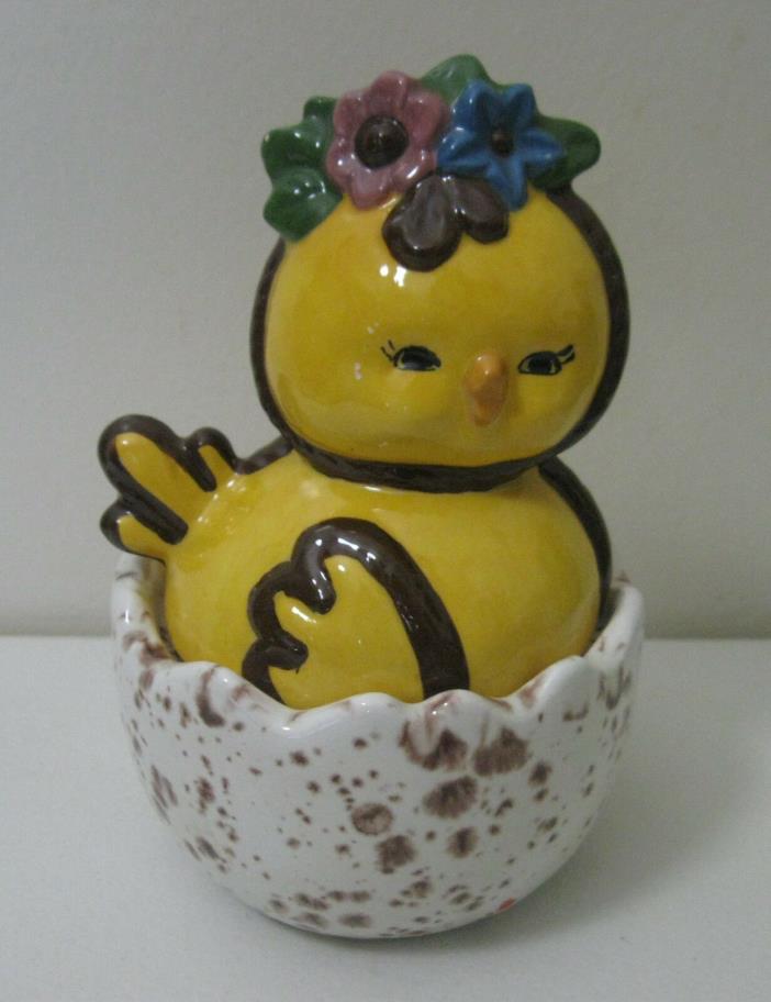 Vintage Ceramic Easter Chick on Egg Shell Covered Candy Box Dish Container