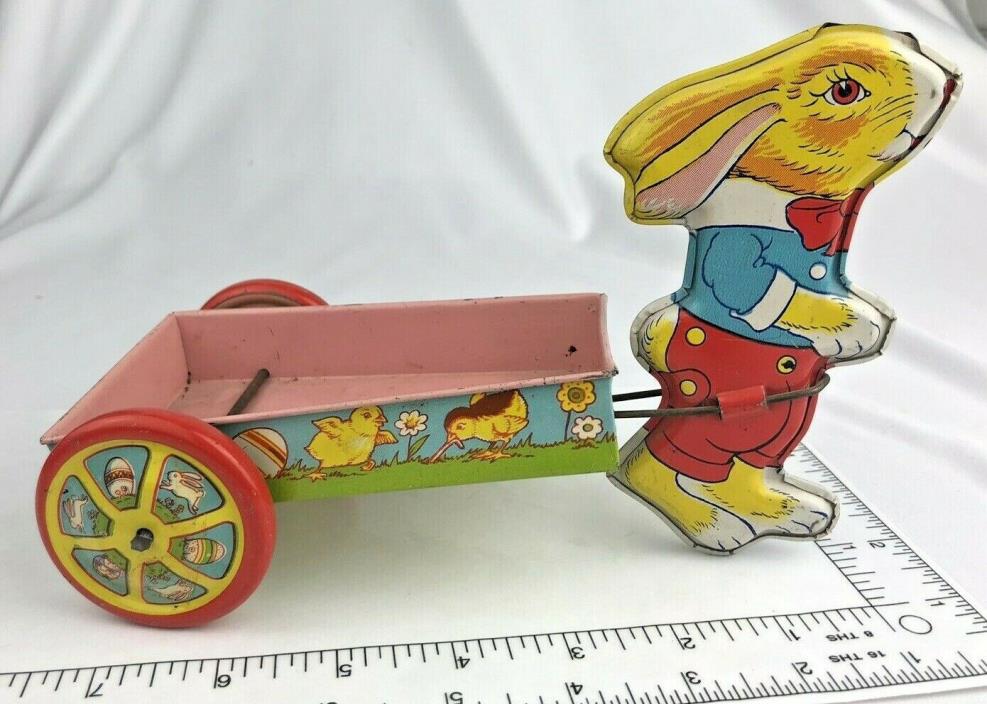VINTAGE ORIGINAL CLASSIC J. CHEIN & CO. U.S.A. EASTER BUNNY PULLING CART Litho
