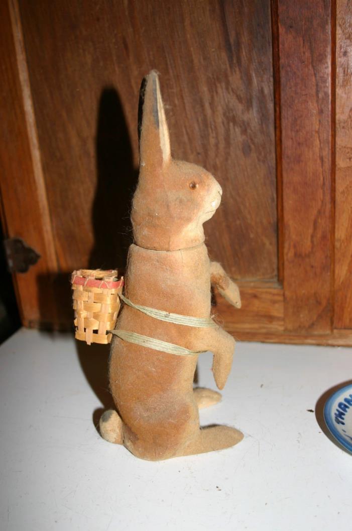 RARE ANTIQUE FLOCK VINTAGE GERMAN PAPER MACHE RABBIT WITH BASKET CANDY CONTAINER