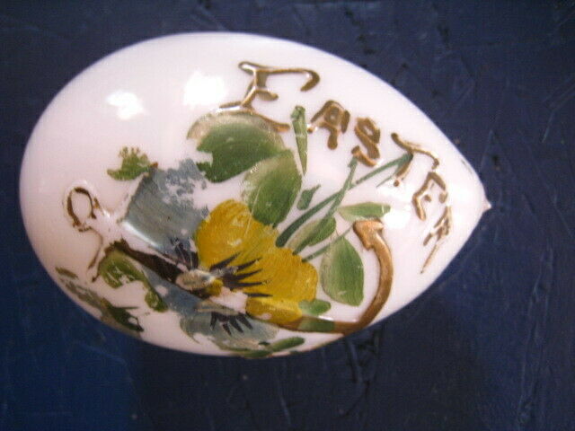 Antique Victorian Lg Blown Milk Glass Hand Painted Navy Anchor Floral Easter Egg