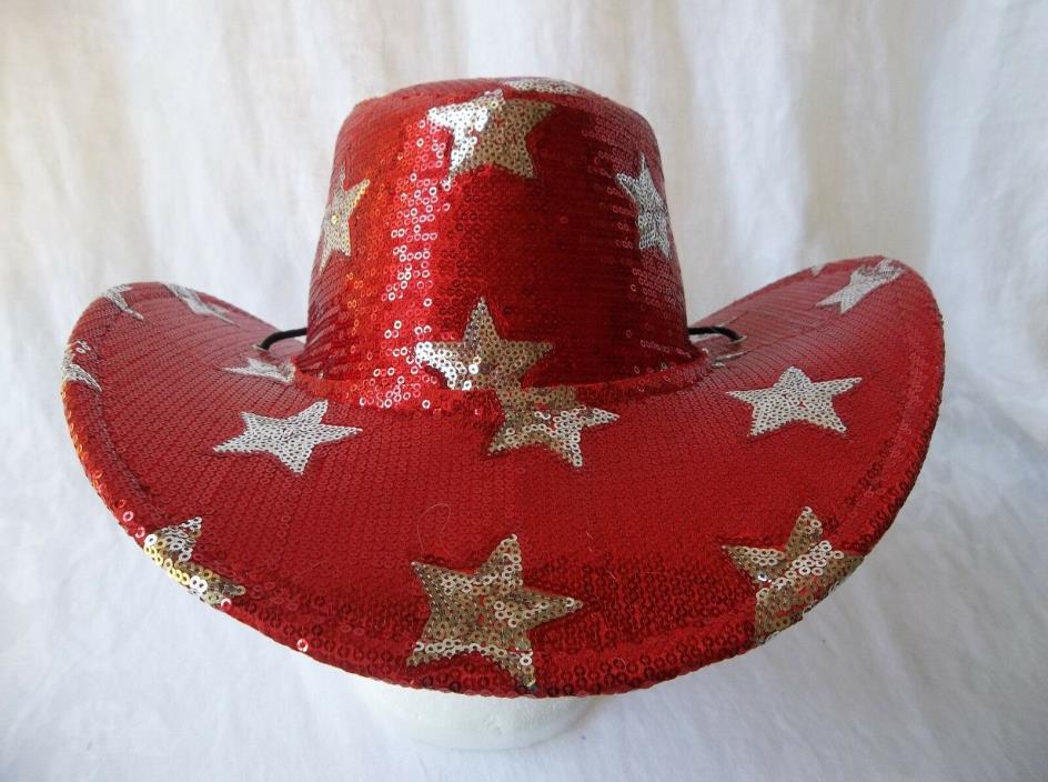 Red Sequin Western Cowgirl Hat Silver Stars Patriotic Flashy Costume Well Made