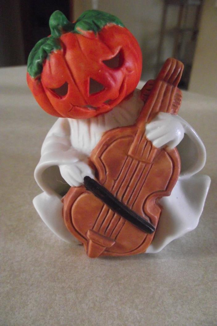 Halloween Pumpkin Head Ghost Playing Cello Ceramic Figurine Music Decoration