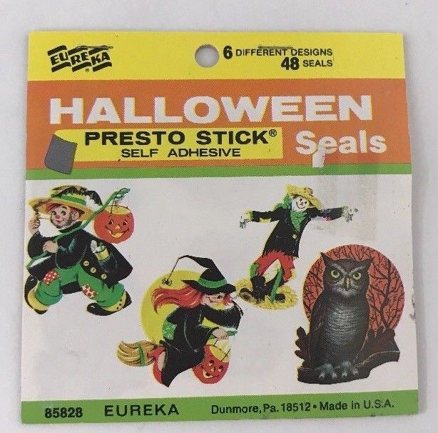 VTG Eureka Halloween 48 Die Cut Seals Stickers Owl Witch Hobo/JOL Scarecrow NEW