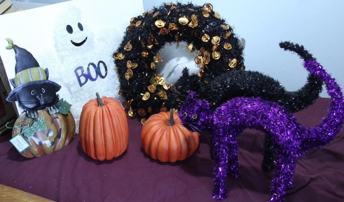 Halloween - lot of decorations - scary cats, pumpkins, wreath, ghost, door decor