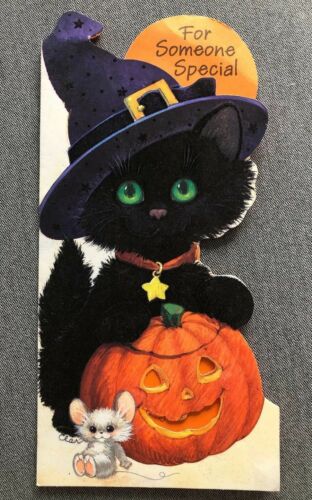 Vintage Black Cat Halloween Greeting Card, Hallmark, Flocked/Fuzzy