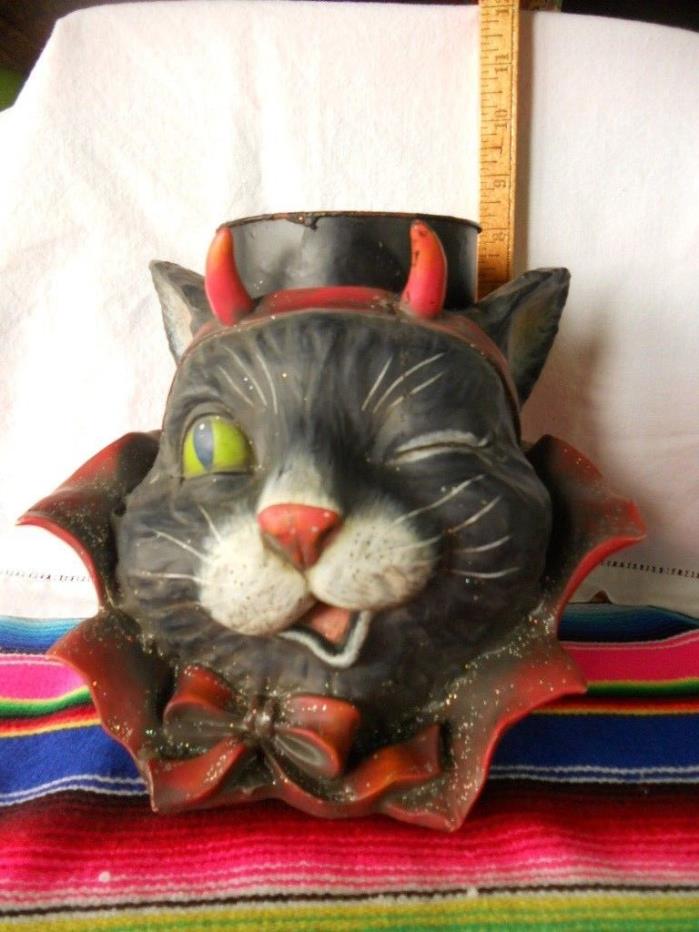 Vintage Winking Black Cat w/ Devil Horns Halloween Display Candle Holder Plastic