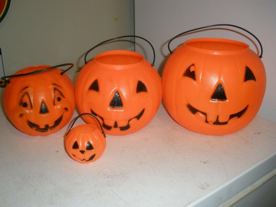4 pc. LOT Vintage Candy Buckets Trick or Treat Pail Pumpkin Blow Mold Stackable