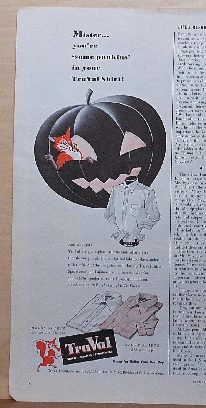 1947 magazine ad for TruVal Sports Shirts - fox in Jack O'Lantern, Halloween ad