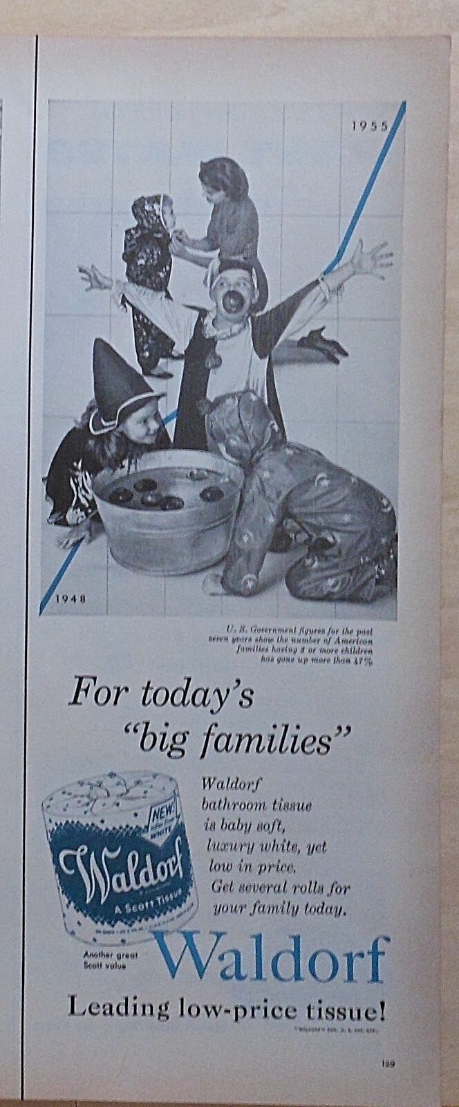 1955 magazine ad for Waldorf bath tissue - kids go apple bobbing at Halloween