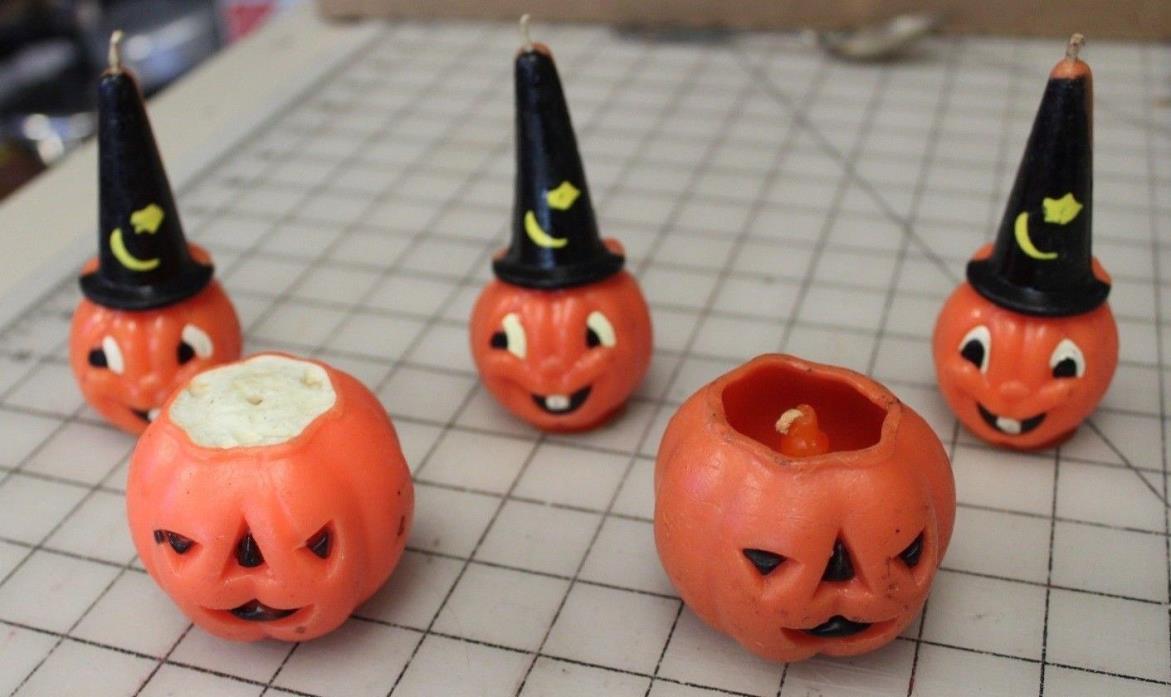 vintage Halloween GURLEY CANDLE LOT OF 3 jack-o-lantern with hat & 2 pumpkins