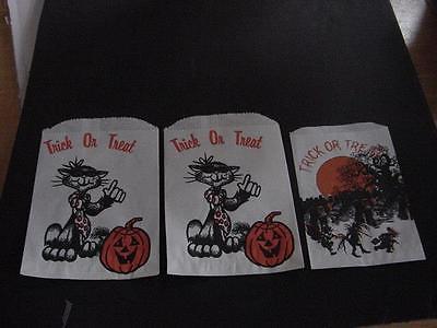 Vintage HALLOWEEN Small Trick Or Treat CANDY Bag LOT of 3 w/CATS,GHOULS+GRAVES