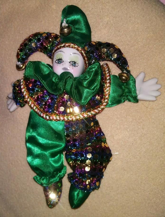 1 Jester Clown  Doll- Green, 8 Inch  New Orleans Mardi Gras porcelain
