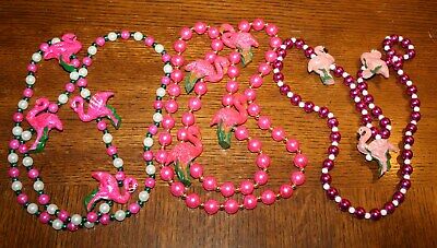 lot of 3 Heavy Very Fancy PINK FLAMINGO Mardi Gras Beads Necklaces NICE