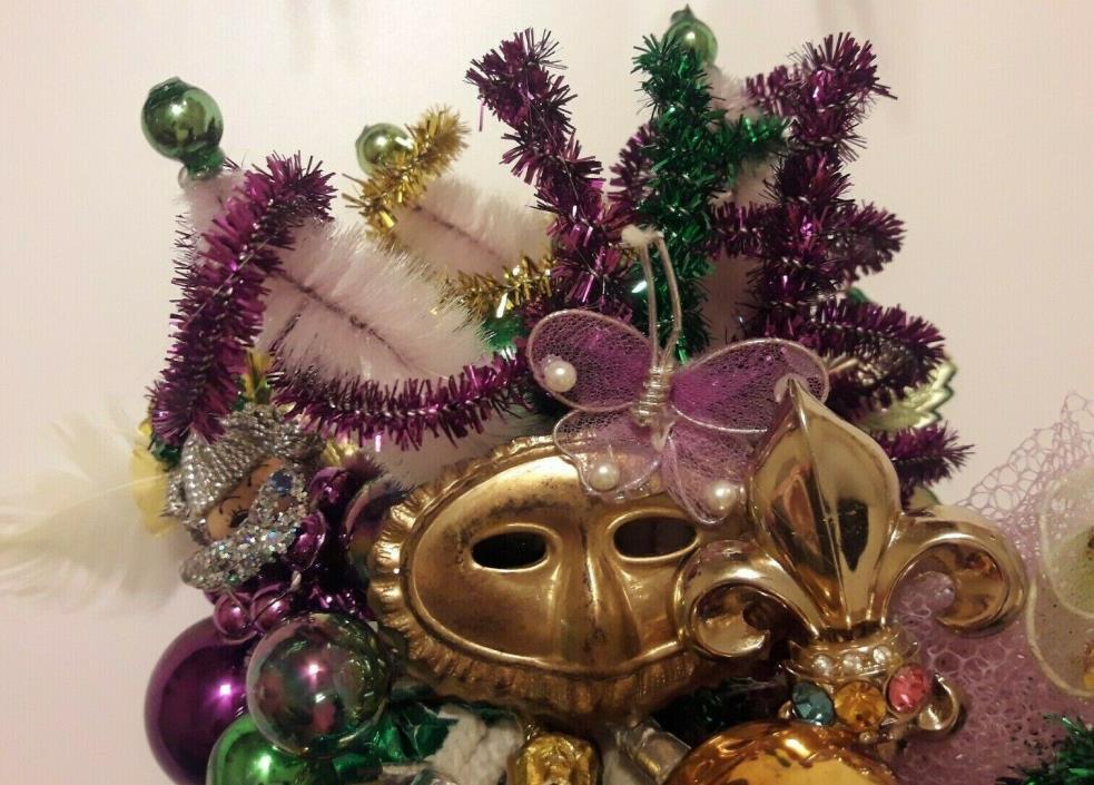 Vintage HANDMADE Mardi Gras Decoration Corsage Masks Mask Fleur de Lis Tinsel