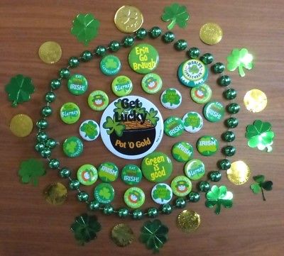 ST. PATRICK'S DAY Pin Buttons, Green Beads, Shamrocks, Coins, Party IRISH