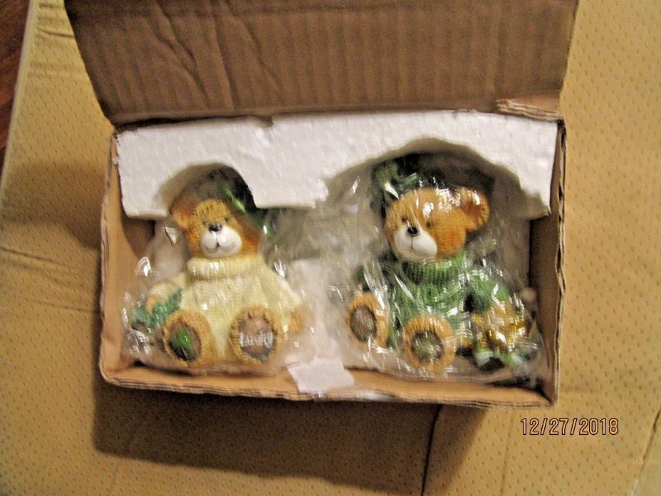 Adorable Set Of Two Resin Teddy Bears w/ Hats, Cable sweaters, St. Patrick's Day
