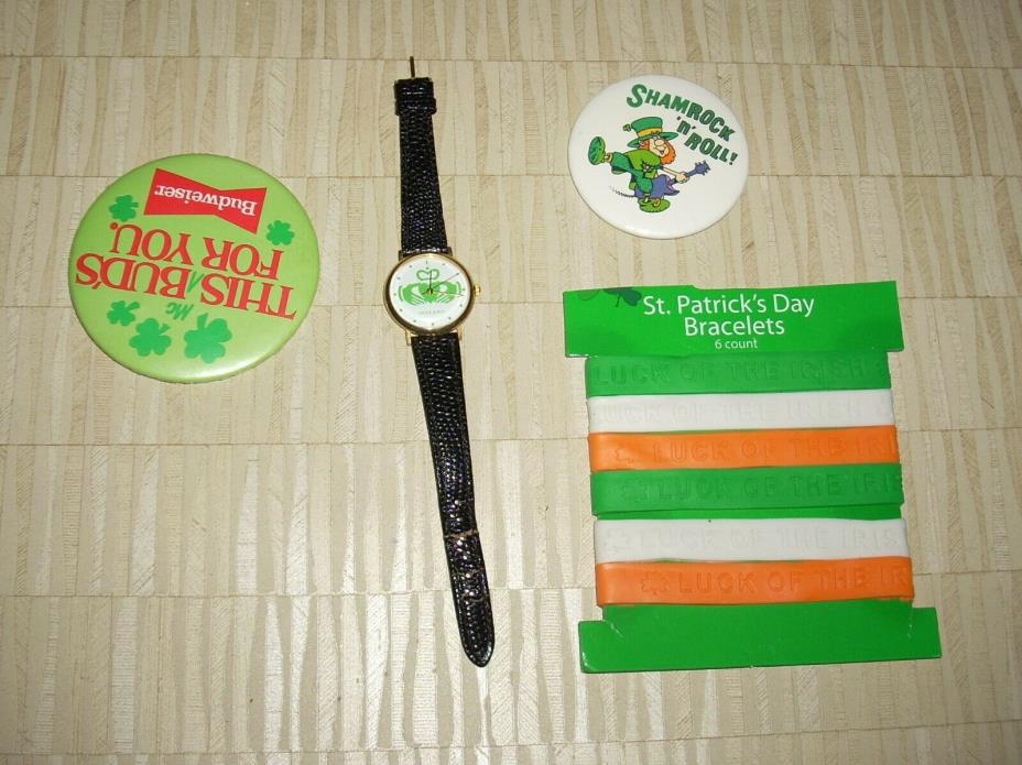 Lot of St Patricks Day Pinback Buttons, watch and bracelets