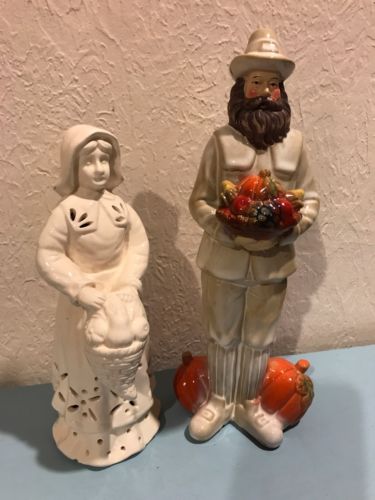 THANKSGIVING PILGRIM Man Woman Couple Ceramic Statue Figurine Set NICE!!??????
