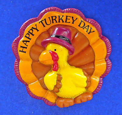 Russ PIN Thanksgiving TURKEY Pilgrim HAPPY DAY Vintage Holiday Brooch YELLOW