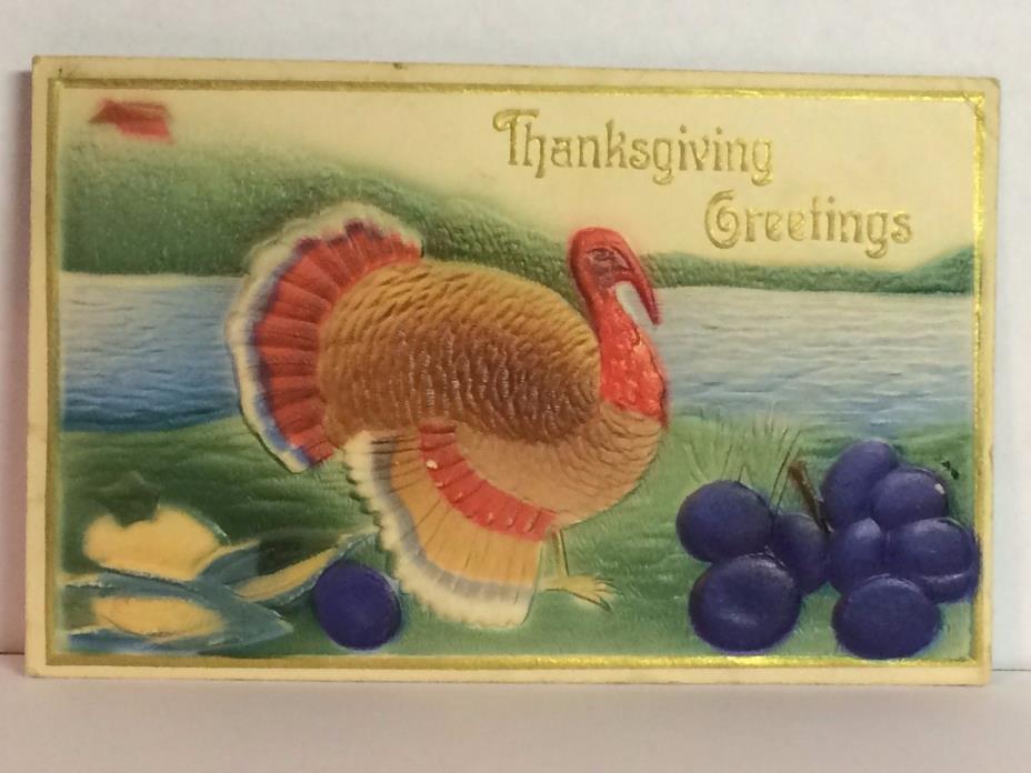 PostCard Thanksgiving Greetings 1910 Turkey Purple Plums Corn Raised Vintage
