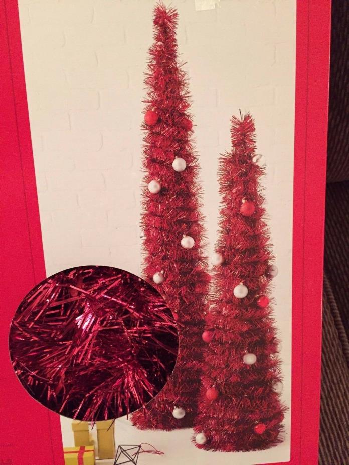 HTF Set Of Two Valentine's Day Red Tinsel Tree's 3 Foot & 4 Foot