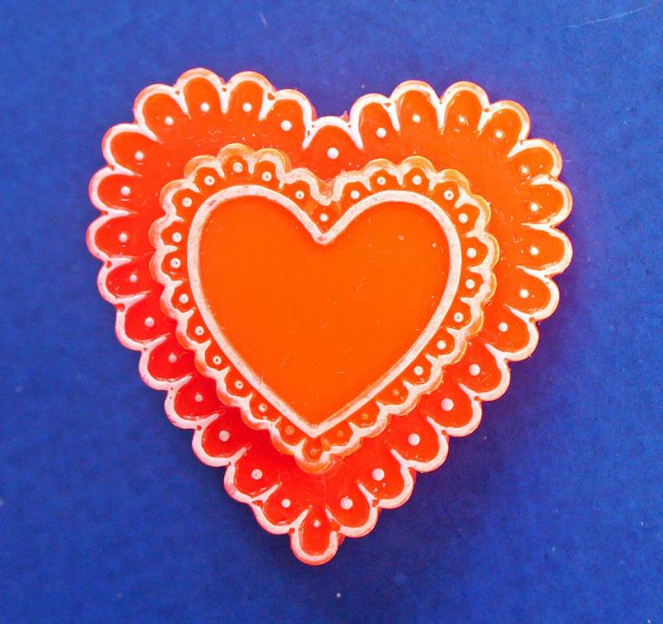 PIN Valentines Vintage HEART CANDY BOX LACE LACEY Holiday Brooch Plastic