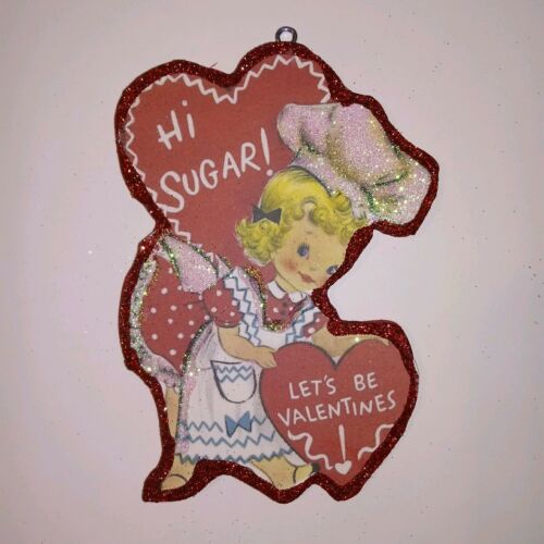 Valentine's Day Glitter Wood Ornament Vtg Image Hi Sugar Little Chef