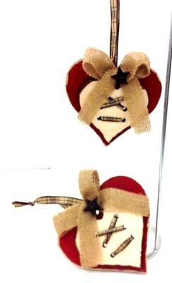 Wood Rustic Red/Cream Hearts~Set 2~Brown Plaid Hanger~Jute Bow~4 1/2