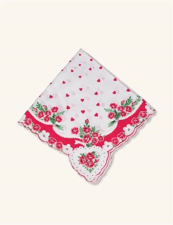 Victorian Trading Co Valentine Scalloped Bouquet Hearts Hankie Handkerchief