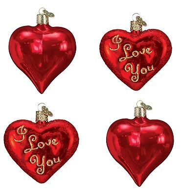 Valentine Red Heart Glass Ornaments set of 4 Old World Christmas I Love You New