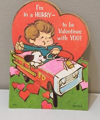 Vtg Valentine Card 70s Fireman Pedal Car Firefighter Pete Hawley or Spoof Unused