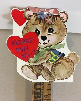 Vintage Valentine Card 70s Teddy Bear Vest Mechical Bow 