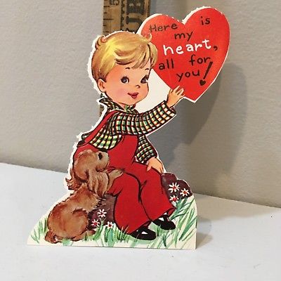 Vtg Valentine Card  60s Little Boy Red Overalls Cocker Spaniel Puppy Dog Unused