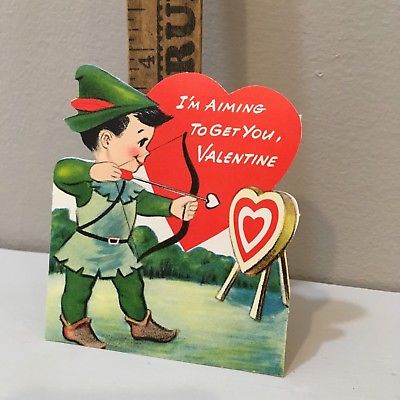 Vtg Valentine Card Little Robin Hood Bow & Arrow Heart Target USED Good Card