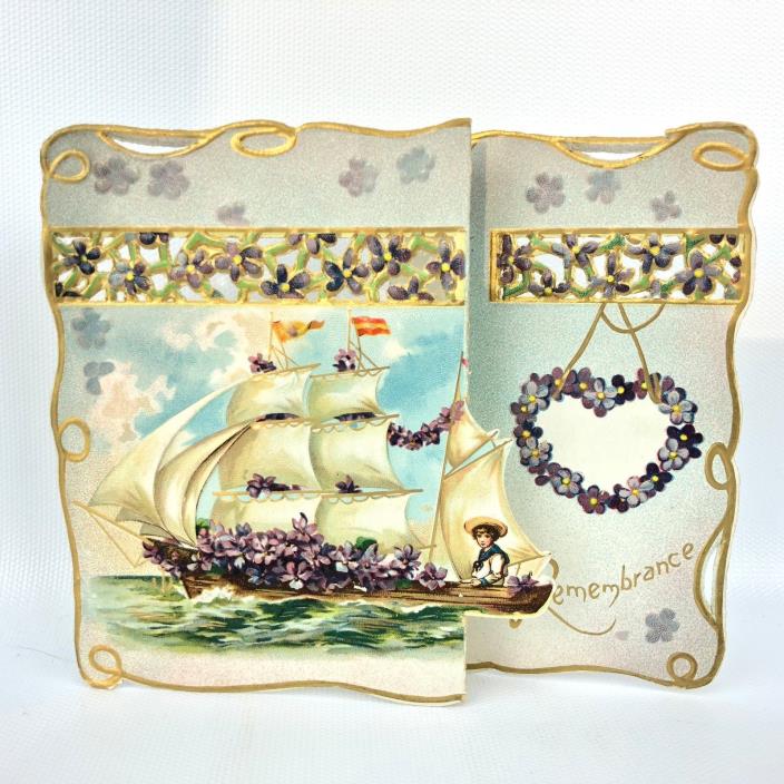 Vtg Love Boat Ship Valentine 1910s Card Pansey Pierced King & Queen Alexandra