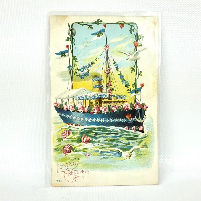 Vtg Early 1900s PostCard Love Boat Embossed Nautical Ship Lindeberg Chicago, IL