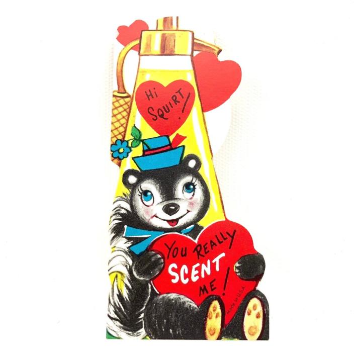 Vtg Skunk Perfume Bottle Valentines Card Ephemera Greeting Atomizer 1940s 1950s