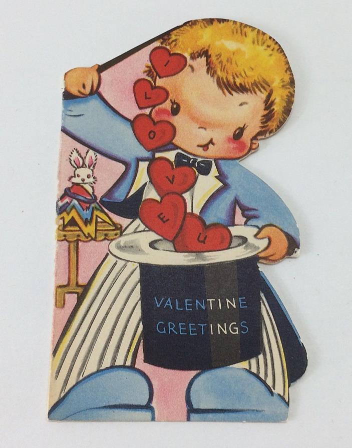 VTG Boy with Magic Hat Full of Hearts Valentine Card