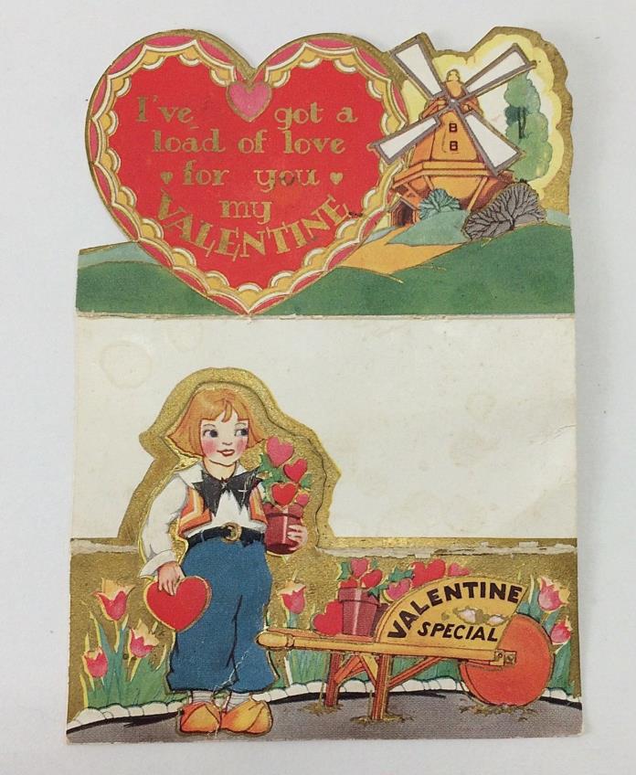 VTG Dutch Boy Wheelbarrow Full of Hearts Single Layer Valentine Card