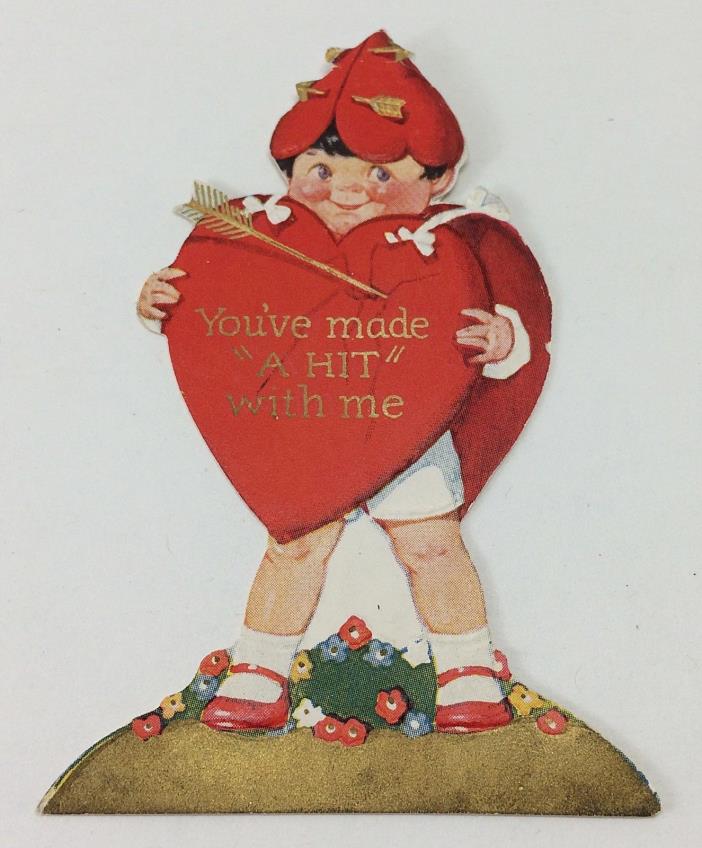 VTG Embossed Little Boy Holding Heart with Arrow Single Layer Valentine Card