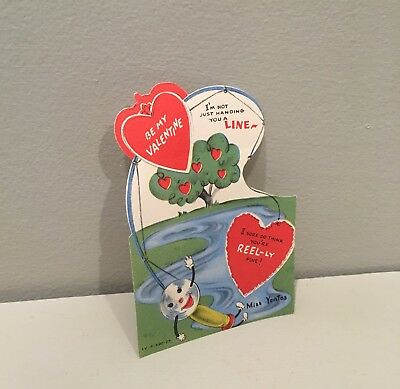 Vintage Valentine Card Anthropomorphic Fly Fishing Reel Rod Reel Y Fine 50's